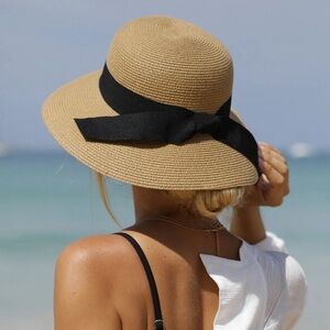 Furtalk Wide Ribbon Straw Beach Sun Hat tan khaki beige with black size medium